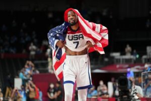 USA player Kevin Durant (7) reacts after winning the gold medal game during the Tokyo 2020 Olympic Summer Games at Saitama Super Arena.