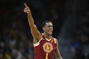 Cleveland Cavaliers guard Rajon Rondo (1) runs the offense in the fourth quarter against the Atlanta Hawks at Rocket Mortgage FieldHouse.