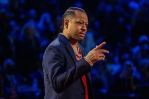 NBA great Allen Iverson is honored for being selected to the NBA 75th Anniversary Team during halftime in the 2022 NBA All-Star Game at Rocket Mortgage FieldHouse.