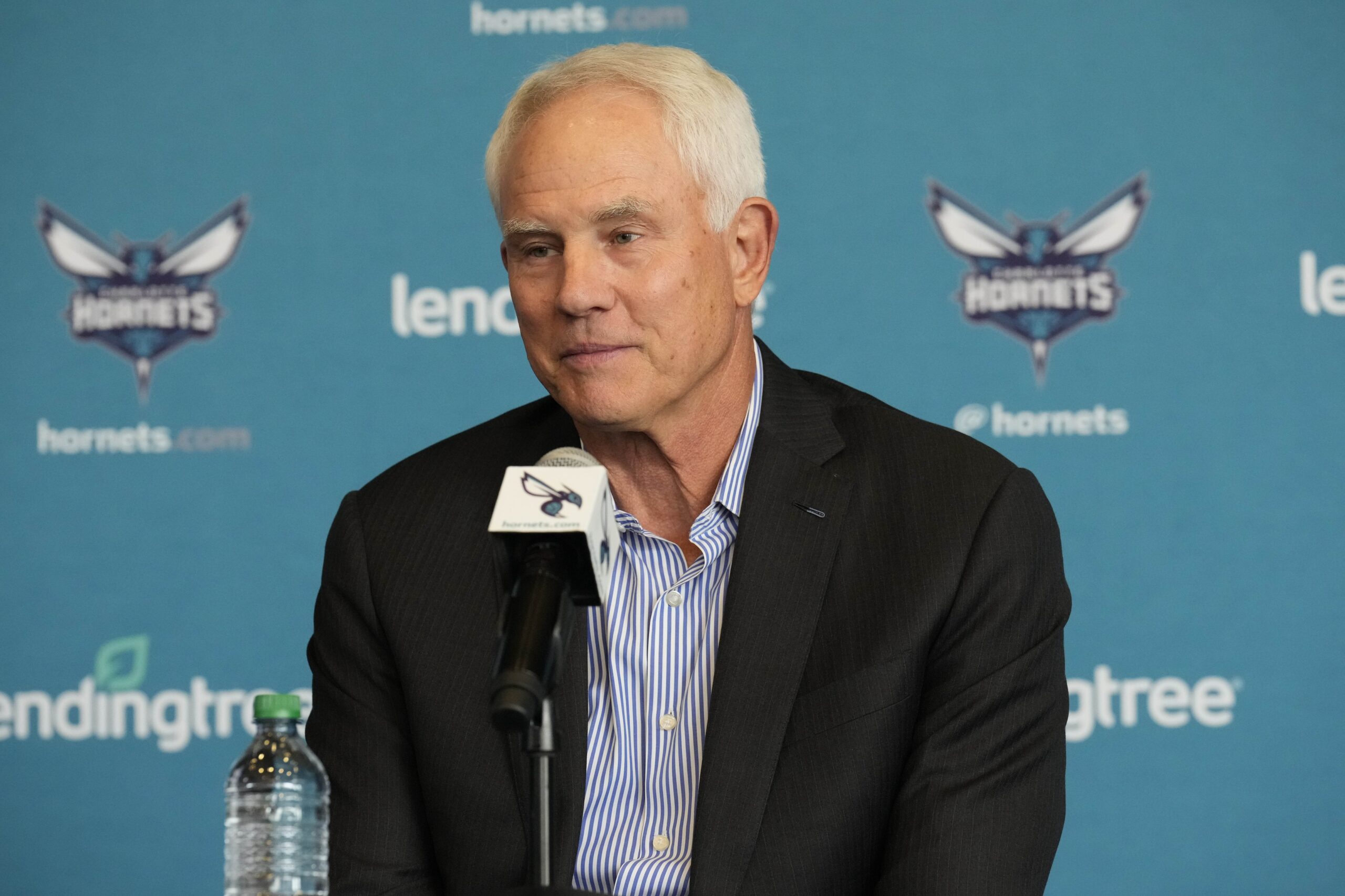 Charlotte Hornets general manager Mitch Kupchak answers media questions after announcing that Steve Clifford would return to coach the team at the Spectrum Center in Charlotte, NC.