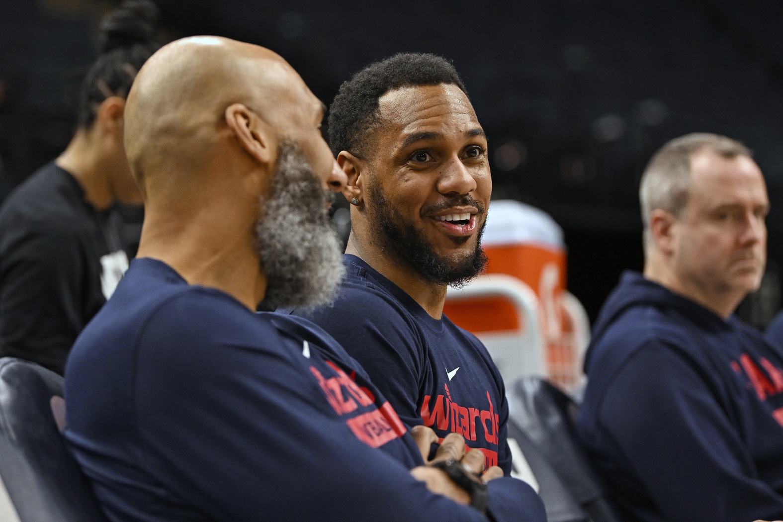 Feb 16, 2023; Minneapolis, Minnesota, USA; Washington Wizards assistant coach Joseph Blair and guard Monte Morris (22) chat before a game against the Minnesota Timberwolves at Target Center. Mandatory Credit: Nick Wosika-USA TODAY Sports