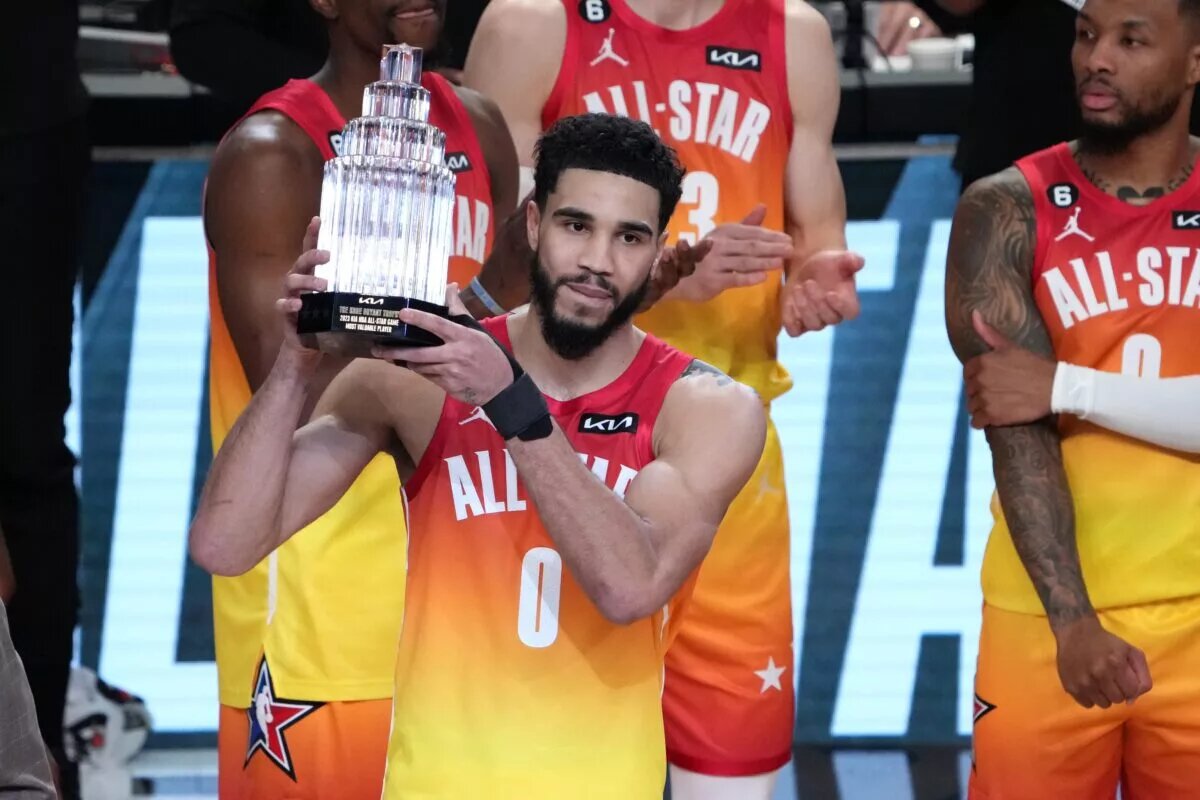 Feb 19, 2023; Salt Lake City, UT, USA; Team Giannis forward Jayson Tatum (0) holds the Kobe Bryant MVP Trophy after the 2023 NBA All-Star Game at Vivint Arena. Mandatory Credit: Kirby Lee-USA TODAY Sports