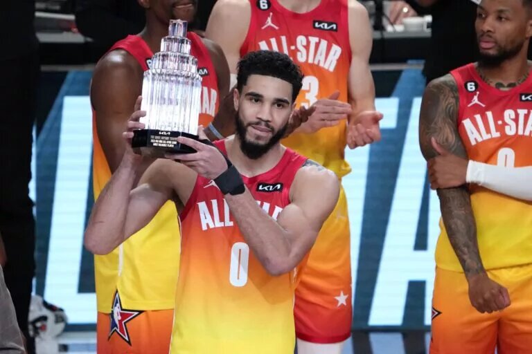 Feb 19, 2023; Salt Lake City, UT, USA; Team Giannis forward Jayson Tatum (0) holds the Kobe Bryant MVP Trophy after the 2023 NBA All-Star Game at Vivint Arena. Mandatory Credit: Kirby Lee-USA TODAY Sports