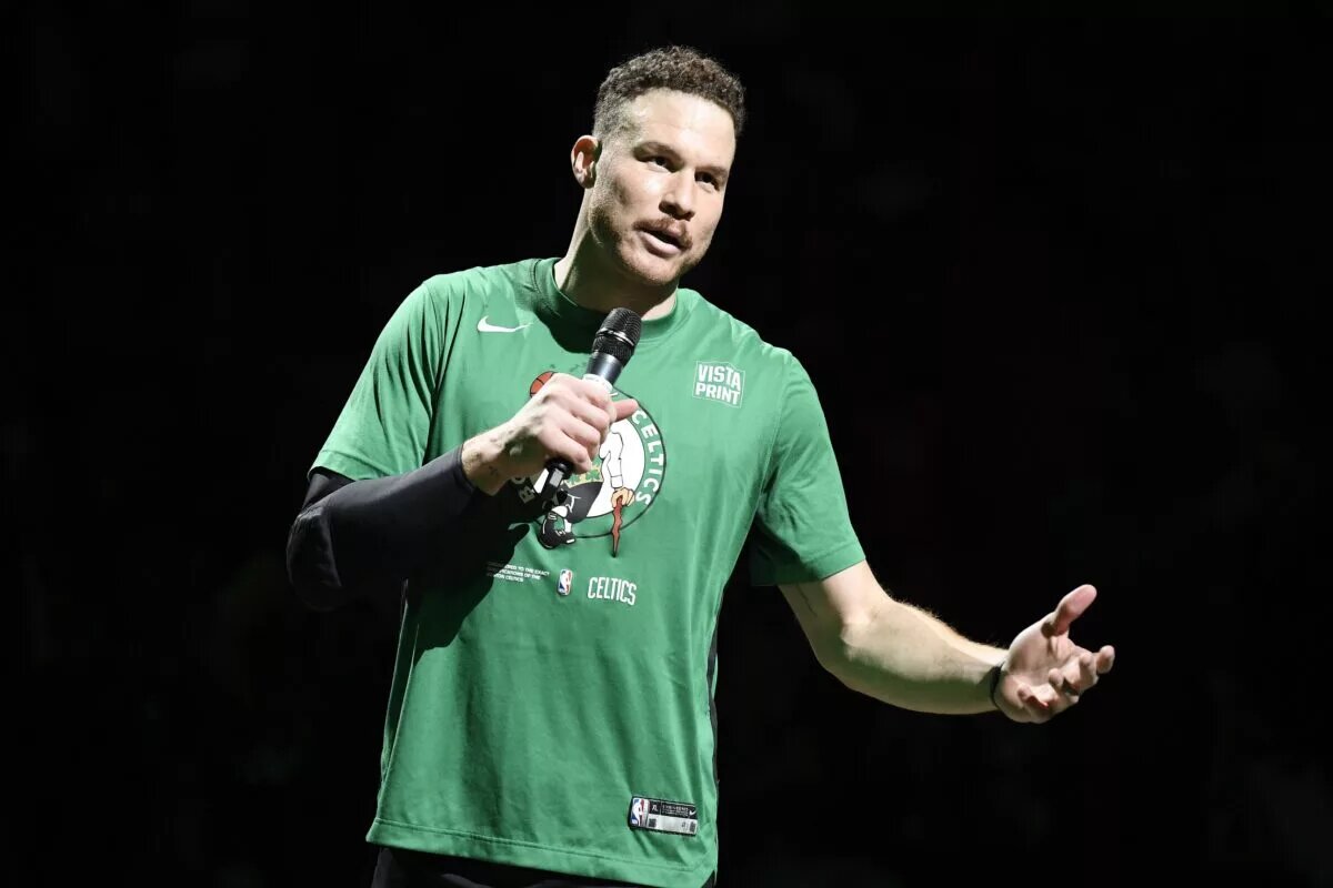 Apr 9, 2023; Boston, Massachusetts, USA; Boston Celtics forward Blake Griffin (91) addresses the fans prior to a game against the Atlanta Hawks at TD Garden. Mandatory Credit: Bob DeChiara-USA TODAY Sports