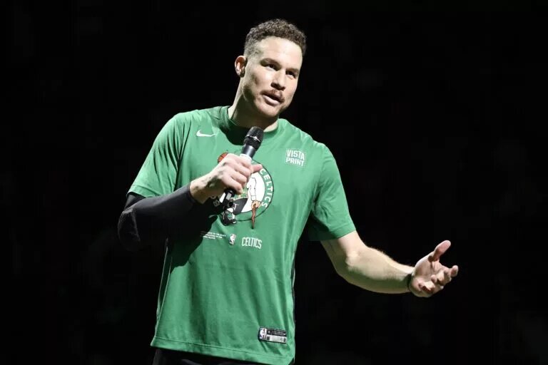 Apr 9, 2023; Boston, Massachusetts, USA; Boston Celtics forward Blake Griffin (91) addresses the fans prior to a game against the Atlanta Hawks at TD Garden. Mandatory Credit: Bob DeChiara-USA TODAY Sports