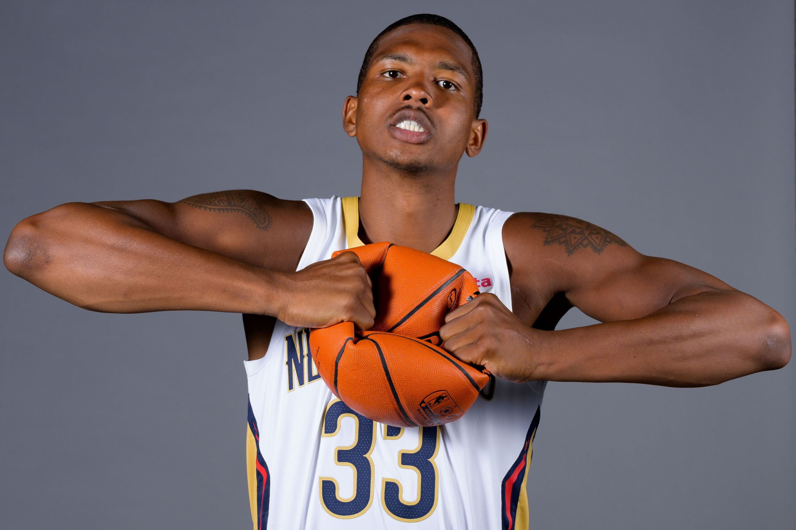 Oct 2, 2023; New Orleans, LA, USA; New Orleans Pelicans guard Malcolm Hill (33) poses during Media Day at the Smoothie King Center. Mandatory Credit: Matthew Hinton-USA TODAY Sports