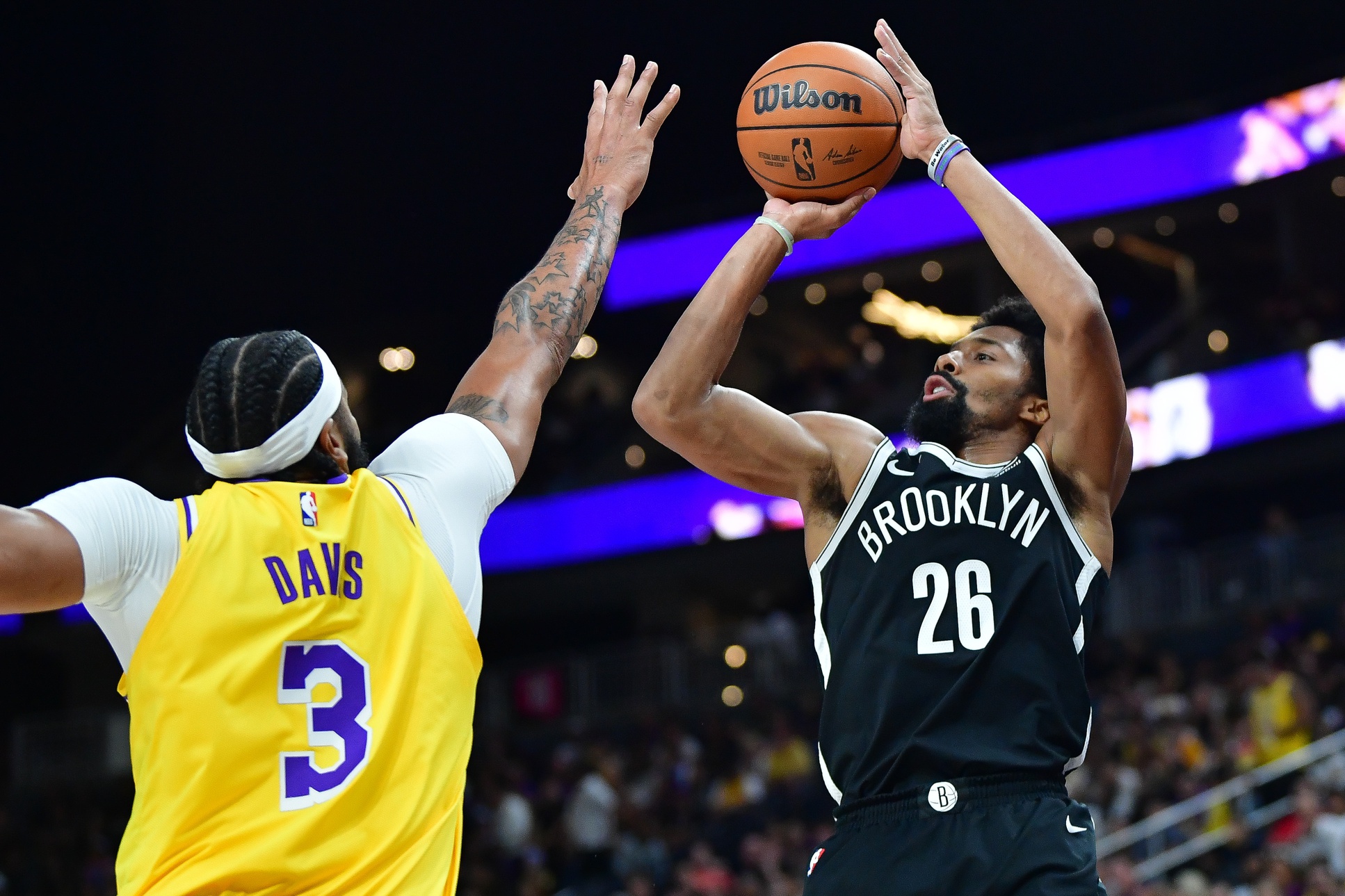 Brooklyn Nets guard Spencer Dinwiddie (26) shoots against Los Angeles Lakers forward Anthony Davis (3) during the first half at T-Mobile Arena.