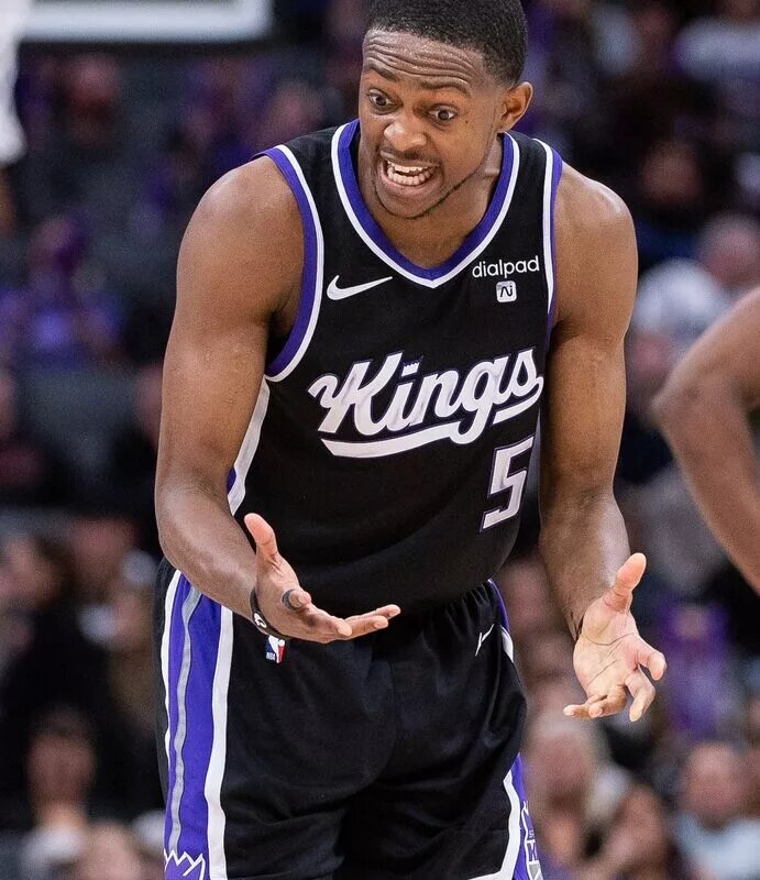 Sacramento Kings guard De'Aaron Fox (5) reacts after being called for a technical foul during the fourth quarter against the Toronto Raptors at Golden 1 Center.