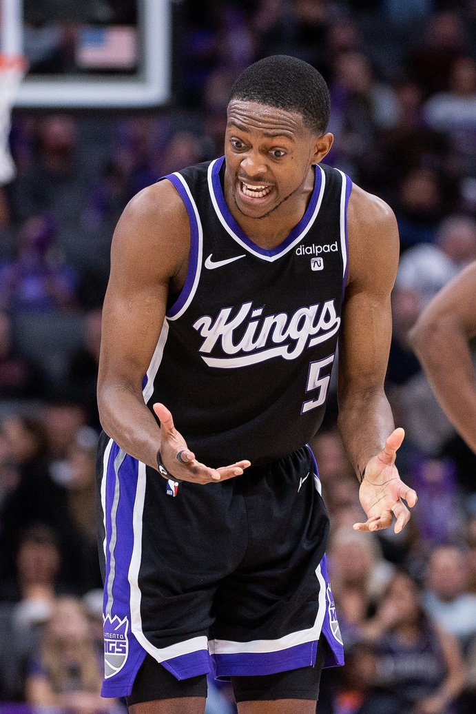 Sacramento Kings guard De'Aaron Fox (5) reacts after being called for a technical foul during the fourth quarter against the Toronto Raptors at Golden 1 Center.