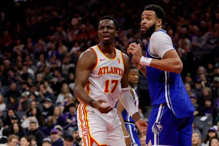 Jan 22, 2024; Sacramento, California, USA; Atlanta Hawks forward Onyeka Okongwu (17) reacts after call during the second quarter against the Sacramento Kings at Golden 1 Center. Mandatory Credit: Sergio Estrada-USA TODAY Sports