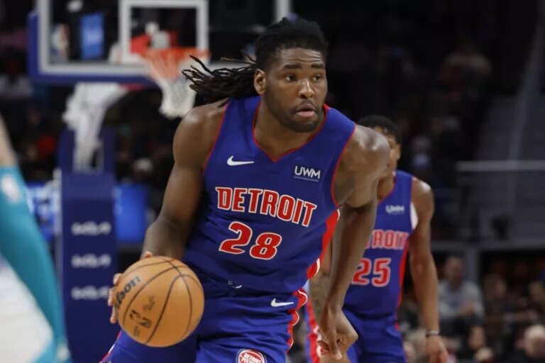 Jan 24, 2024; Detroit, Michigan, USA; Detroit Pistons center Isaiah Stewart (28) dribbles in the first half against the Charlotte Hornets at Little Caesars Arena. Mandatory Credit: Rick Osentoski-USA TODAY Sports