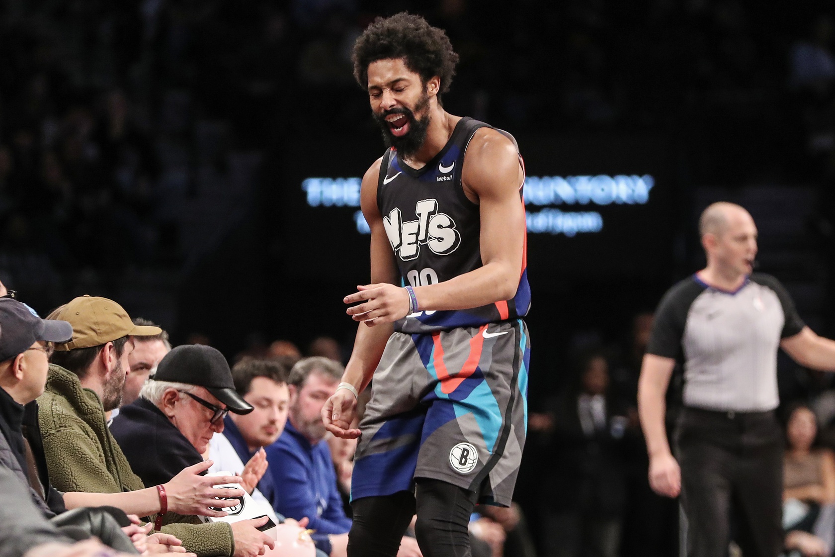 Jan 27, 2024; Brooklyn, New York, USA; Brooklyn Nets guard Spencer Dinwiddie (26) reacts after a turnover in the second quarter against the Houston Rockets at Barclays Center. Mandatory Credit: Wendell Cruz-USA TODAY Sports