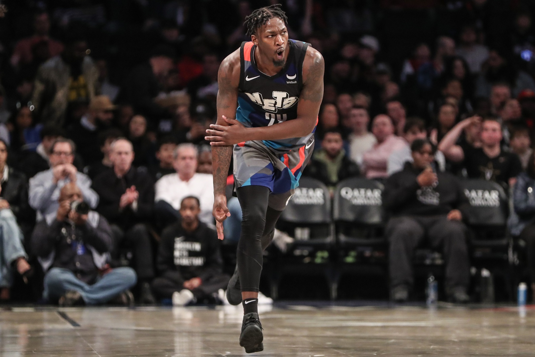 Jan 27, 2024; Brooklyn, New York, USA; Brooklyn Nets forward Dorian Finney-Smith (28) celebrates after making a three point shot in the third quarter against the Houston Rockets at Barclays Center. Mandatory Credit: Wendell Cruz-USA TODAY Sports