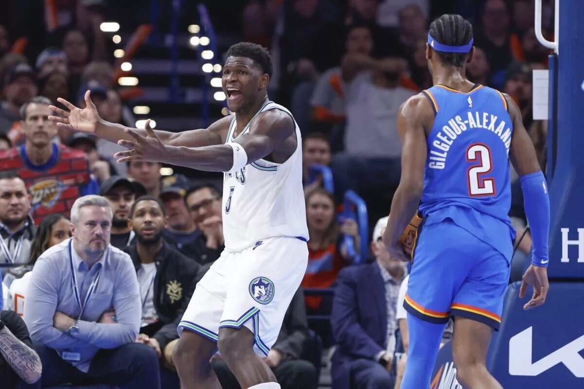 Minnesota Timberwolves guard Anthony Edwards (5) reacts after an officials call on a play against the Oklahoma City Thunder during the second half at Paycom Center.
