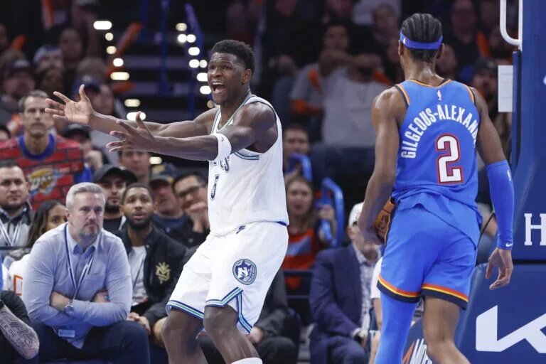 Minnesota Timberwolves guard Anthony Edwards (5) reacts after an officials call on a play against the Oklahoma City Thunder during the second half at Paycom Center.