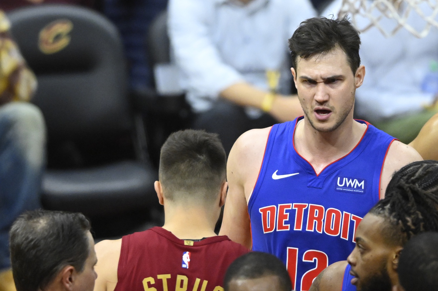 Jan 31, 2024; Cleveland, Ohio, USA; Detroit Pistons forward Danilo Gallinari (12) reacts after a play against Cleveland Cavaliers guard Max Strus (1) in the fourth quarter at Rocket Mortgage FieldHouse. Mandatory Credit: David Richard-USA TODAY Sports