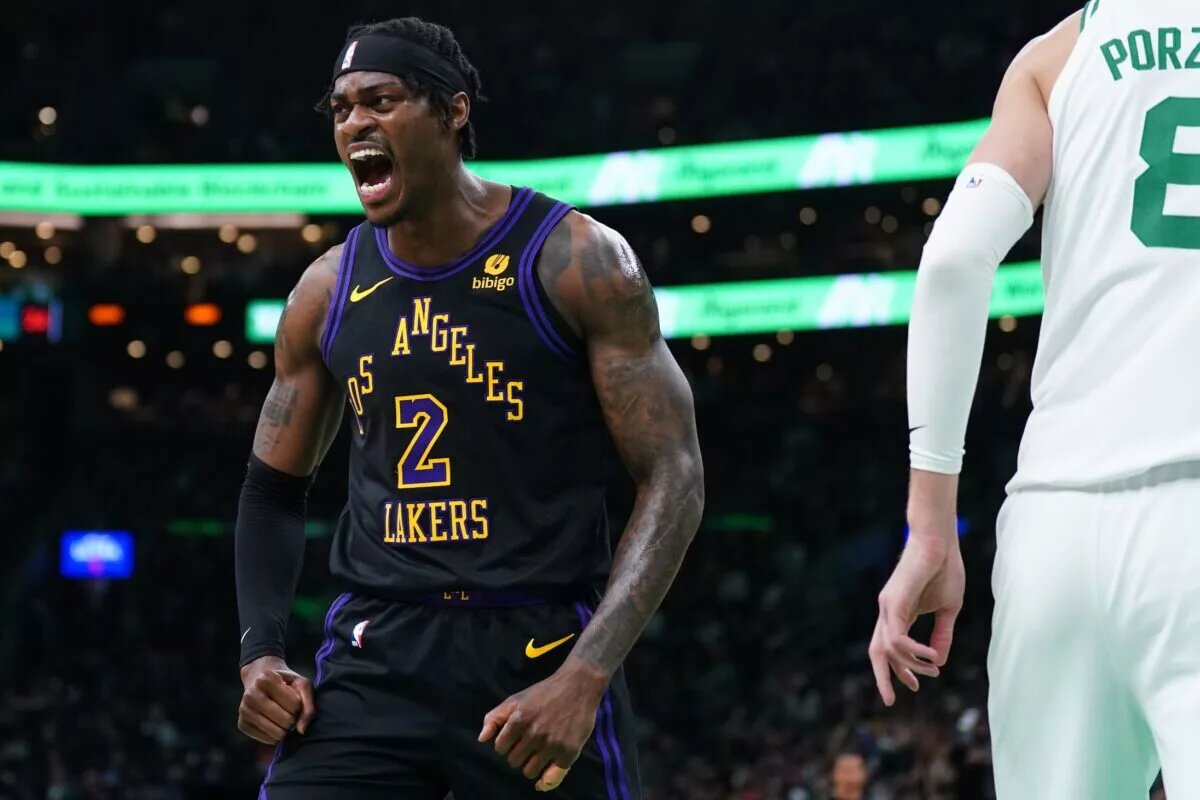 Feb 1, 2024; Boston, Massachusetts, USA; Los Angeles Lakers forward Jarred Vanderbilt (2) reacts after a play against then Boston Celtics in the first quarter at TD Garden. Mandatory Credit: David Butler II-USA TODAY Sports