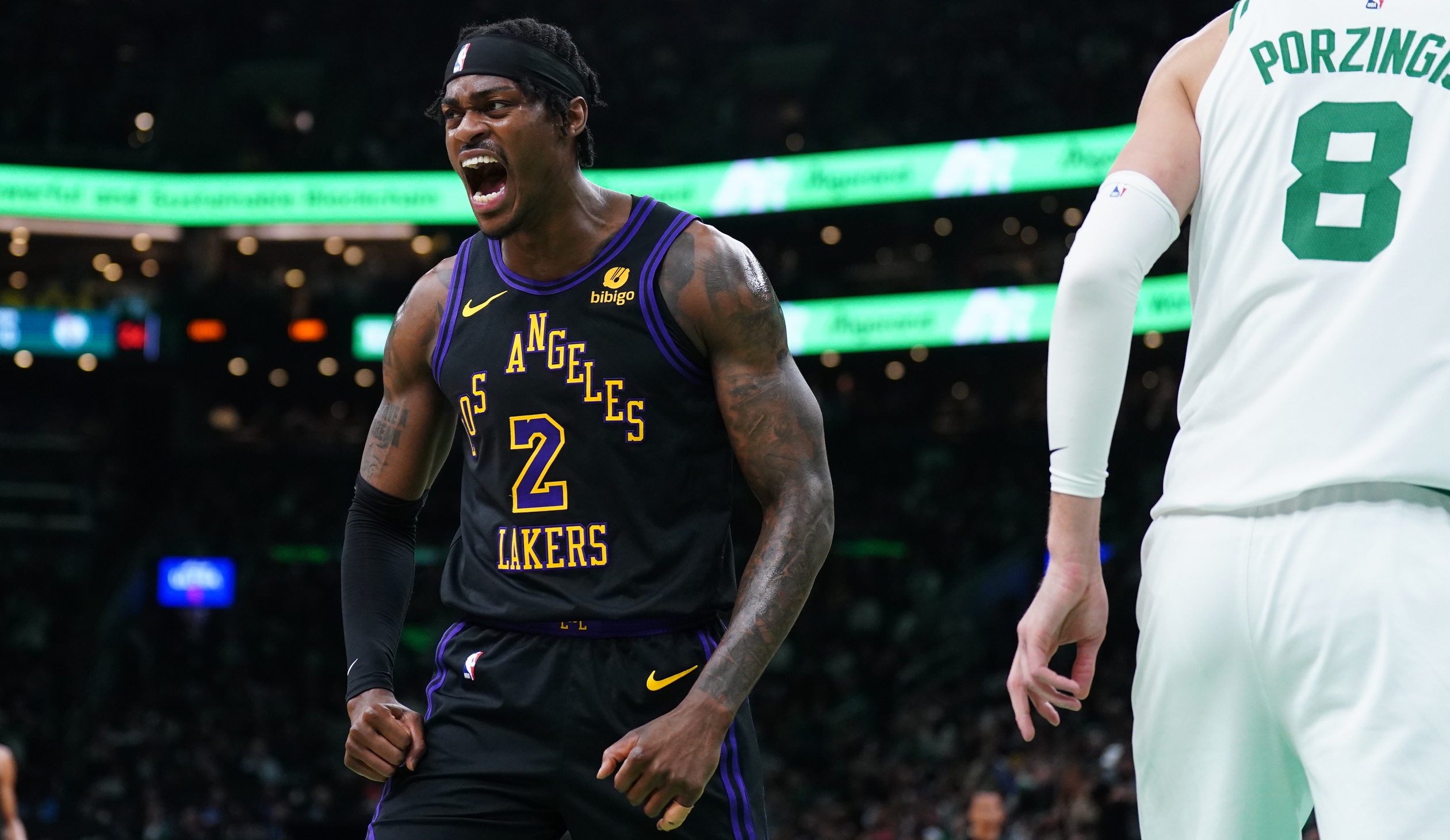 Feb 1, 2024; Boston, Massachusetts, USA; Los Angeles Lakers forward Jarred Vanderbilt (2) reacts after a play against then Boston Celtics in the first quarter at TD Garden. Mandatory Credit: David Butler II-USA TODAY Sports