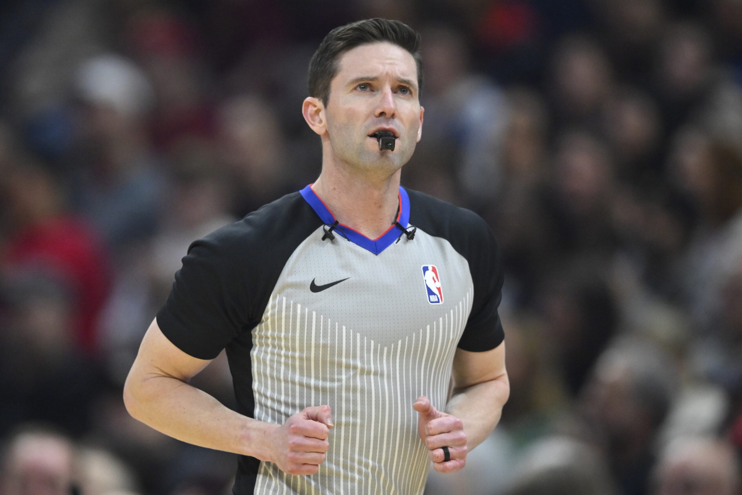 Feb 5, 2024; Cleveland, Ohio, USA; NBA referee Ben Taylor (46) runs on the court in the second quarter of a game between the Cleveland Cavaliers and the Sacramento Kings at Rocket Mortgage FieldHouse. Mandatory Credit: David Richard-USA TODAY Sports