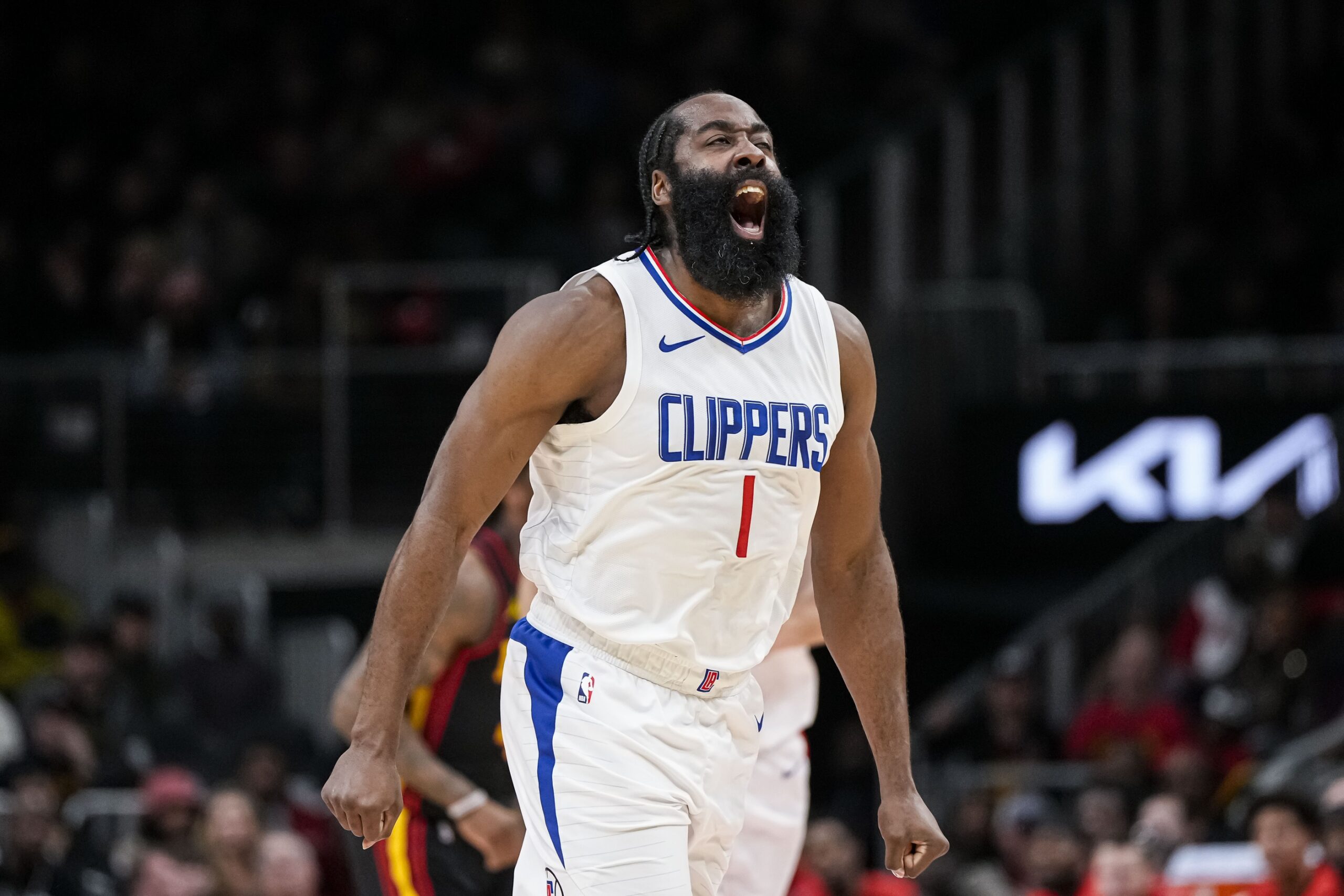 Feb 5, 2024; Atlanta, Georgia, USA; LA Clippers guard James Harden (1) reacts after making a three point shot against the Atlanta Hawks during the first half at State Farm Arena. Mandatory Credit: Dale Zanine-USA TODAY Sports