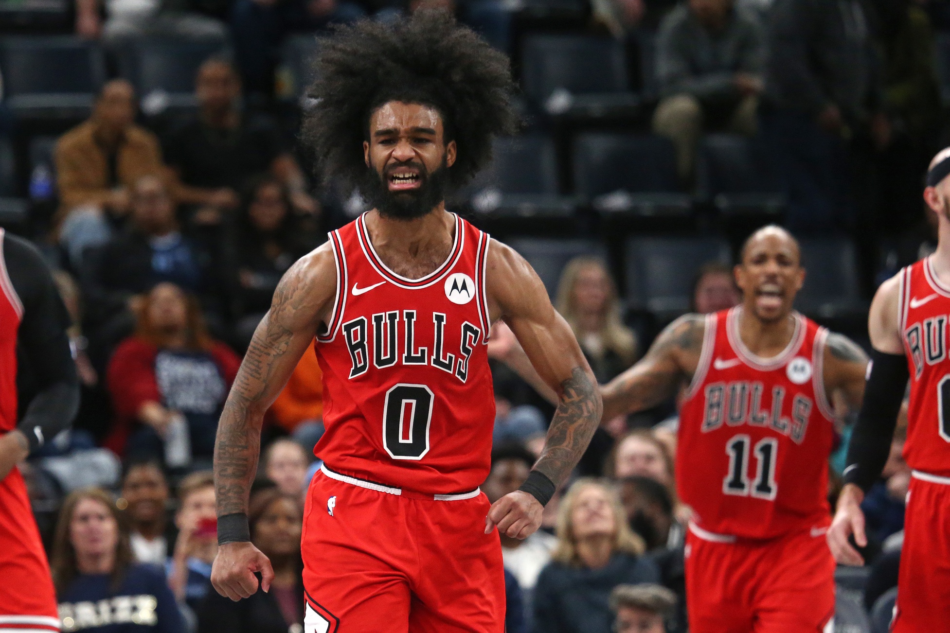 Chicago Bulls guard Coby White (0) reacts during the second half against the Memphis Grizzlies at FedExForum.
