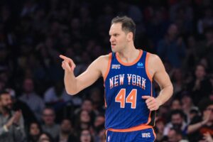 New York Knicks forward Bojan Bogdanovic (44) reacts during the first quarter against the Indiana Pacers at Madison Square Garden.