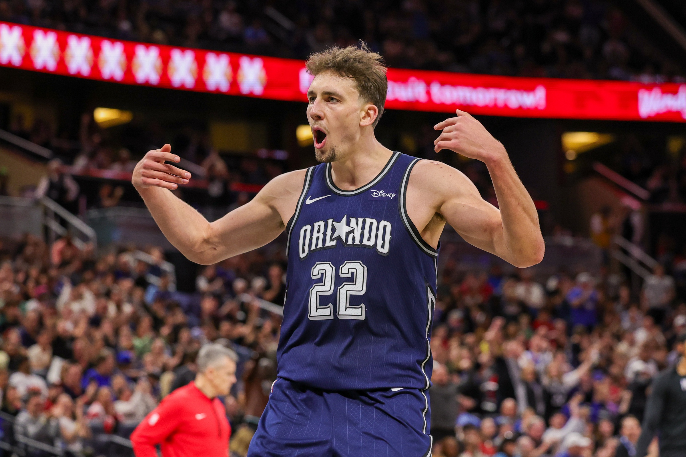 Orlando Magic forward Franz Wagner (22) celebrates a three point basket during the second half against the Chicago Bulls at KIA Center.