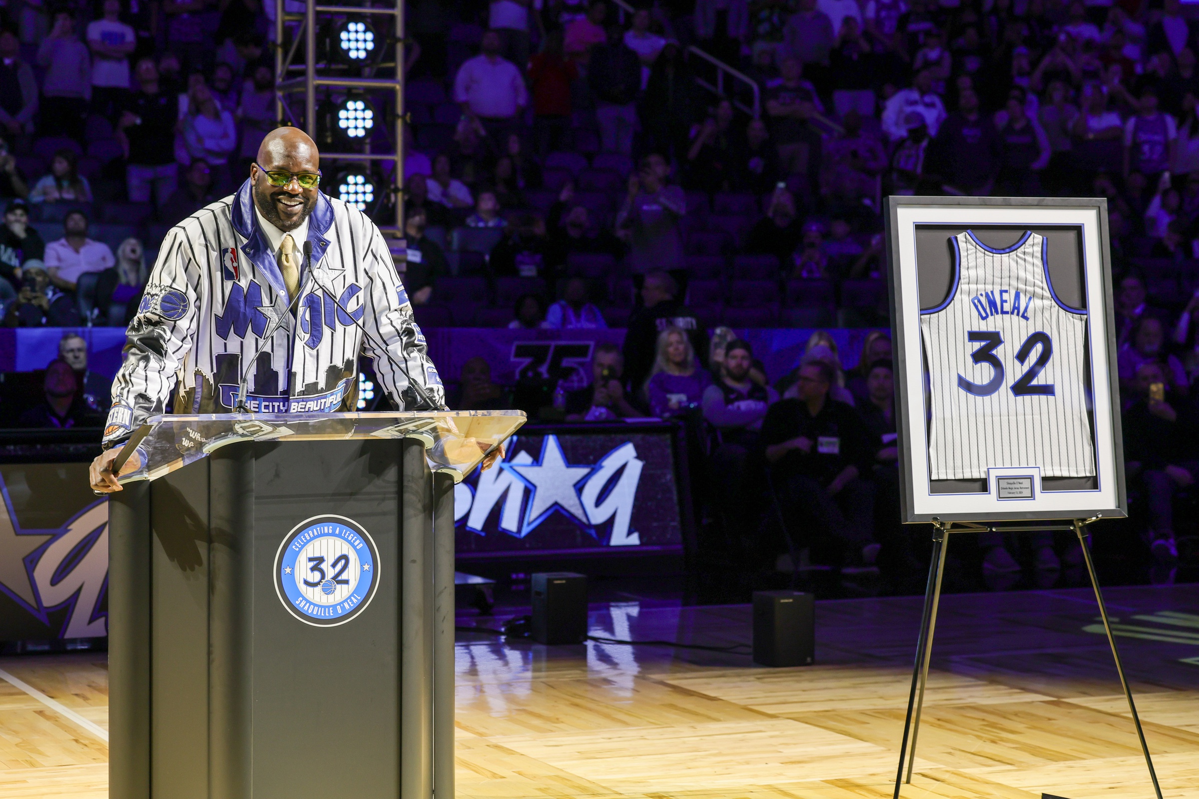Shaquille O'Neal during a post game ceremony where the Orlando Magic retired his #32 jersey at Amway Center.