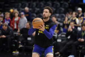 Feb 15, 2024; Salt Lake City, Utah, USA; Golden State Warriors guard Klay Thompson (11) warms up before the game against the Utah Jazz at Delta Center. Mandatory Credit: Chris Nicoll-USA TODAY Sports