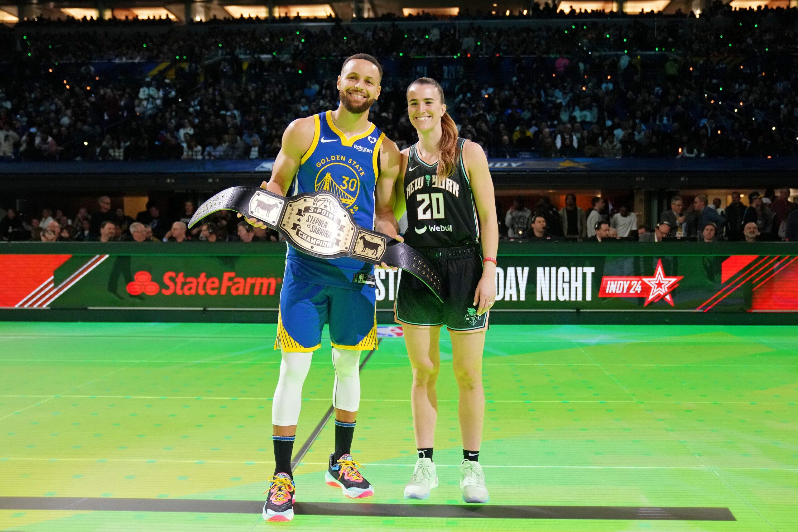 Feb 17, 2024; Indianapolis, IN, USA; Golden State Warriors guard Stephen Curry (30) and New York Liberty guard Sabrina Ionescu (20) after the Stephen vs Sebrina three-point challenge during NBA All Star Saturday Night at Lucas Oil Stadium. Mandatory Credit: Kyle Terada-USA TODAY Sports