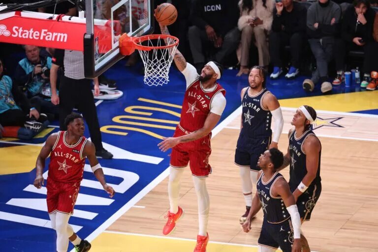 Feb 18, 2024; Indianapolis, Indiana, USA; Western Conference forward Anthony Davis (3) of the Los Angeles Lakers shoots the ball against the Eastern Conference All-Stars during the first quarter in the 73rd NBA All Star game at Gainbridge Fieldhouse. Mandatory Credit: Trevor Ruszkowski-USA TODAY Sports