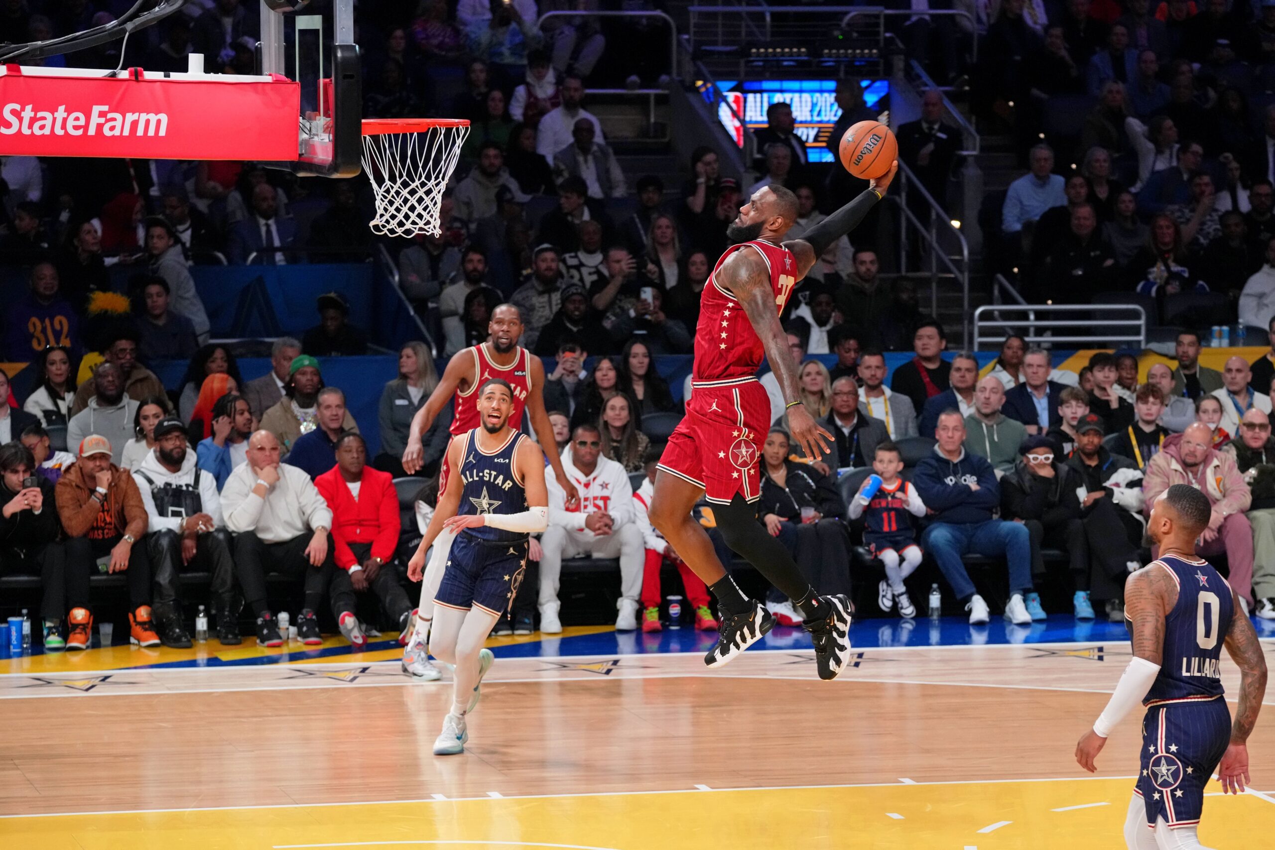 Feb 18, 2024; Indianapolis, Indiana, USA; Western Conference forward LeBron James (23) of the Los Angeles Lakers dunks the ball during the first half of the 73rd NBA All Star game at Gainbridge Fieldhouse. Mandatory Credit: Kyle Terada-USA TODAY Sports