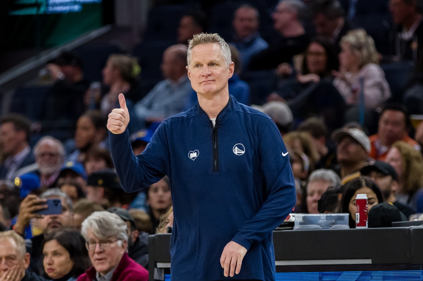Feb 14, 2024; San Francisco, California, USA; Golden State Warriors head coach Steve Kerr reacts during the second half of the game against the LA Clippers at Chase Center. Mandatory Credit: John Hefti-USA TODAY Sports