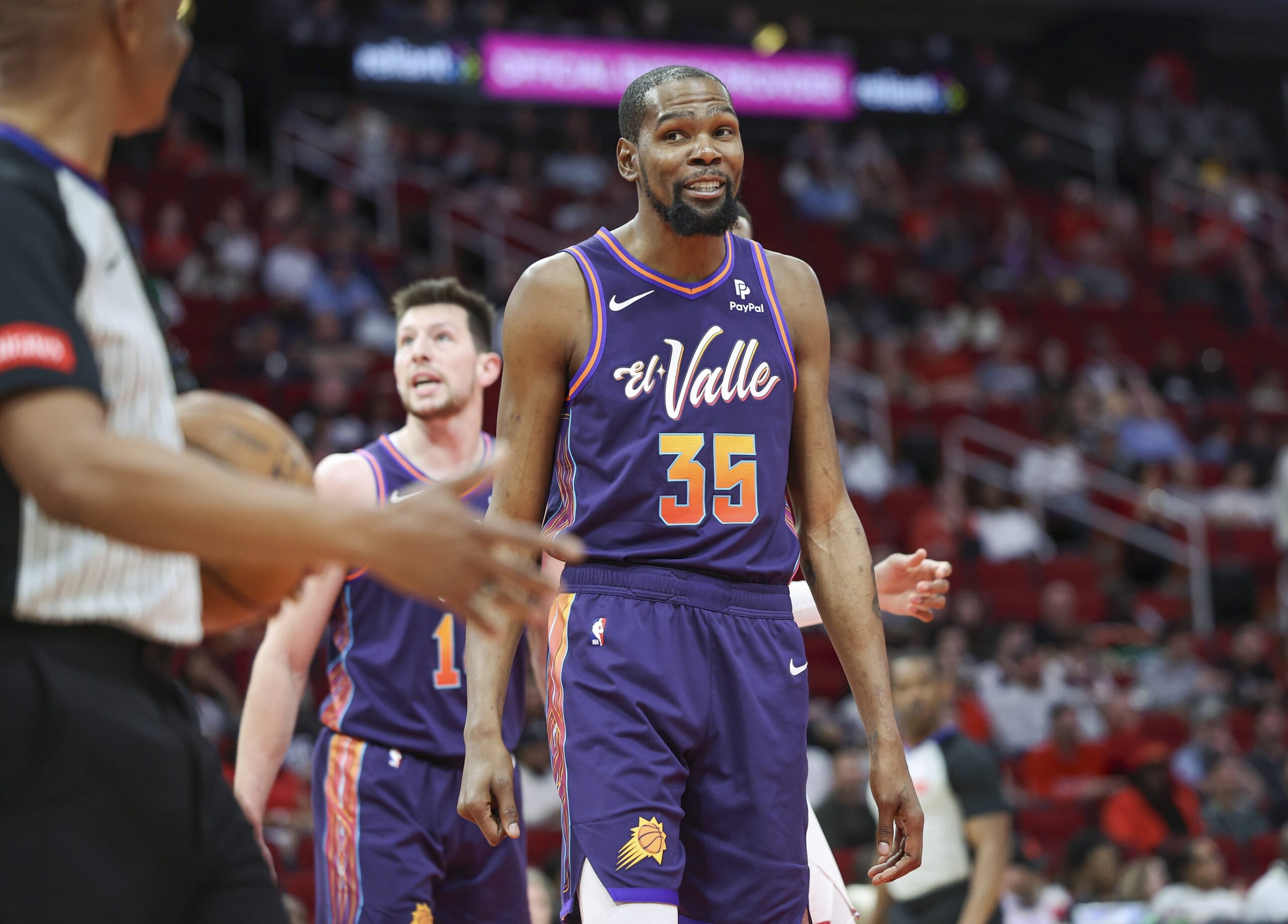 Phoenix Suns forward Kevin Durant (35) reacts after a play during the first quarter against the Houston Rockets at Toyota Center.
