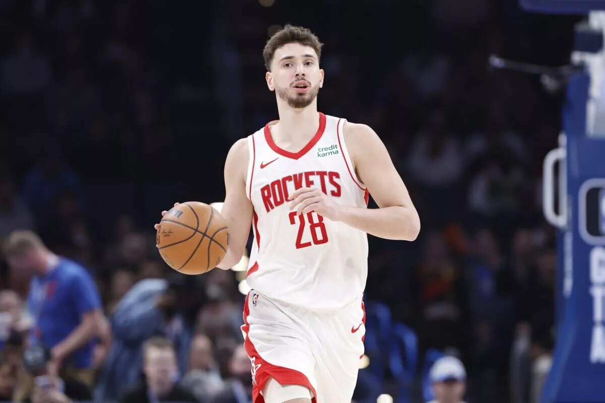 Feb 27, 2024; Oklahoma City, Oklahoma, USA; Houston Rockets center Alperen Sengun (28) dribbles the ball down the court during the second half against the Oklahoma City Thunder at Paycom Center. Mandatory Credit: Alonzo Adams-USA TODAY Sports