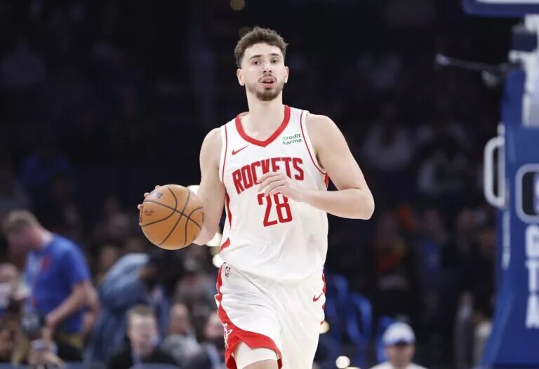Feb 27, 2024; Oklahoma City, Oklahoma, USA; Houston Rockets center Alperen Sengun (28) dribbles the ball down the court during the second half against the Oklahoma City Thunder at Paycom Center. Mandatory Credit: Alonzo Adams-USA TODAY Sports