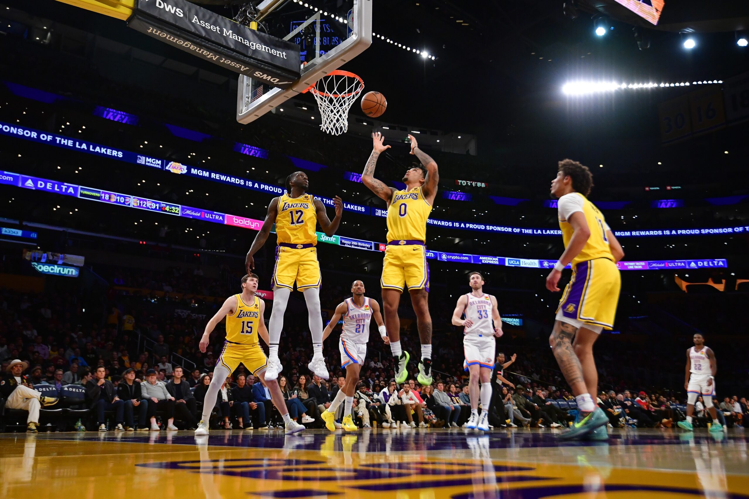 Los Angeles Lakers guard Jalen Hood-Schifino goes up for a rebound