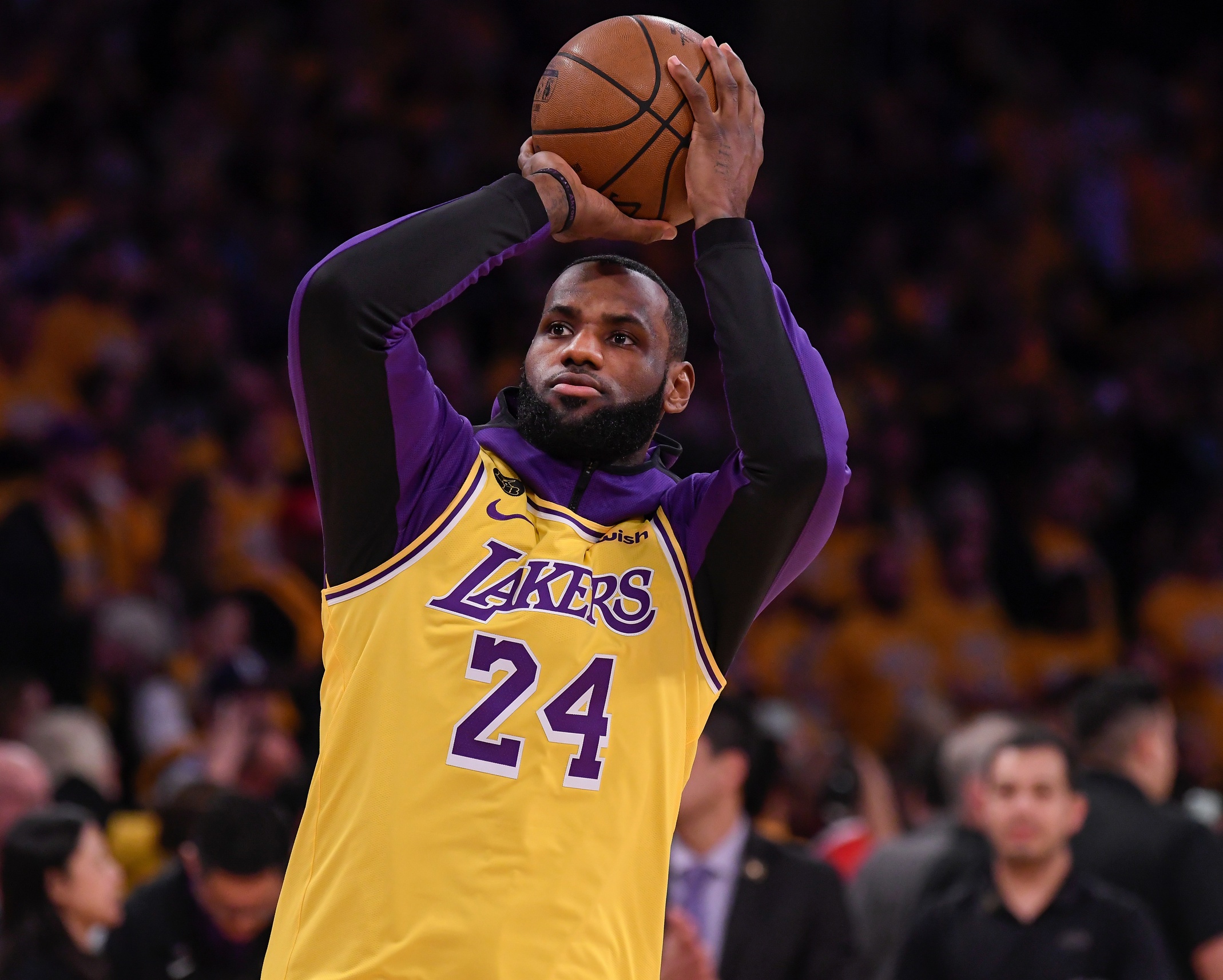 Los Angeles Lakers forward LeBron James in Kobe Bryant jersey