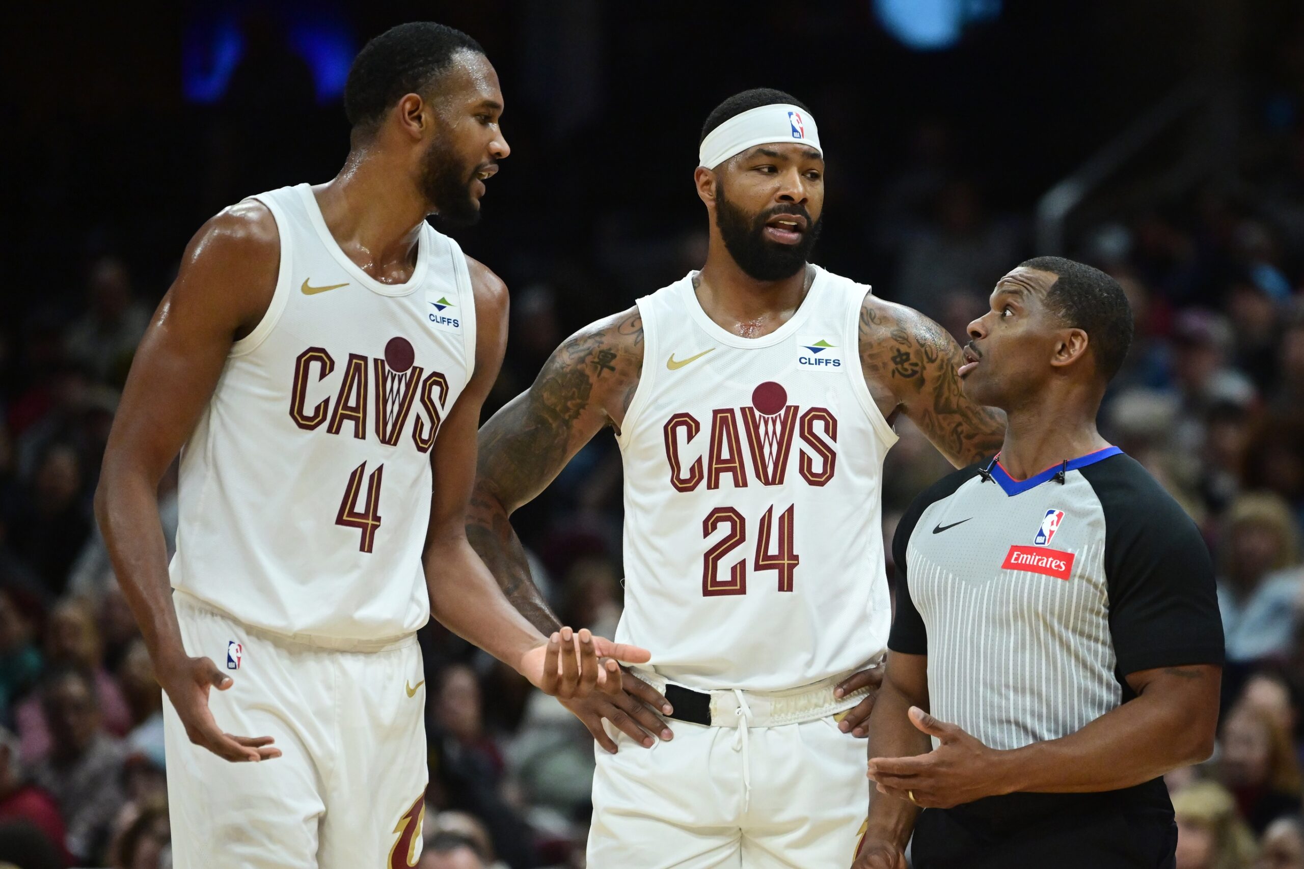 Cleveland Cavaliers forward Marcus Morris talks to referee