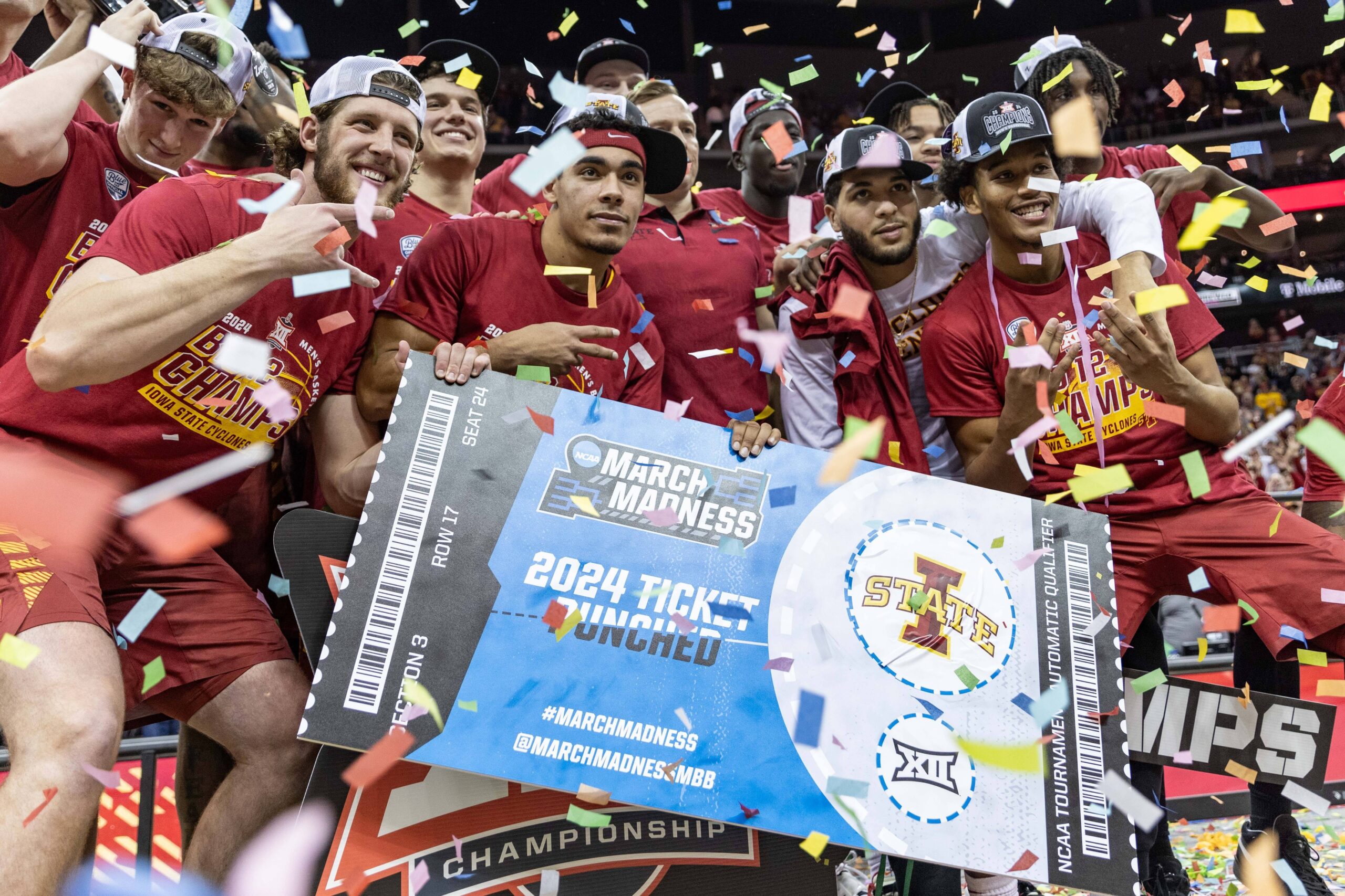 Iowa State Cyclones hold their ticket to the NCAA tournament after the game against the Houston Cougars at T-Mobile Center. Mandatory Credit: William Purnell-USA TODAY Sports