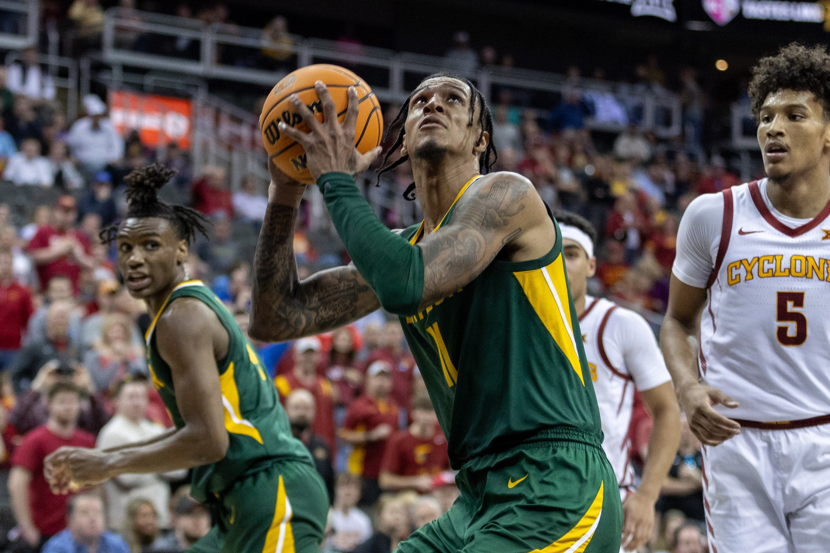 Baylor Bears forward Jalen Bridges (11) drives to the basket during the second half against the Iowa State Cyclones at T-Mobile Center. Mandatory Credit: William Purnell-USA TODAY Sports