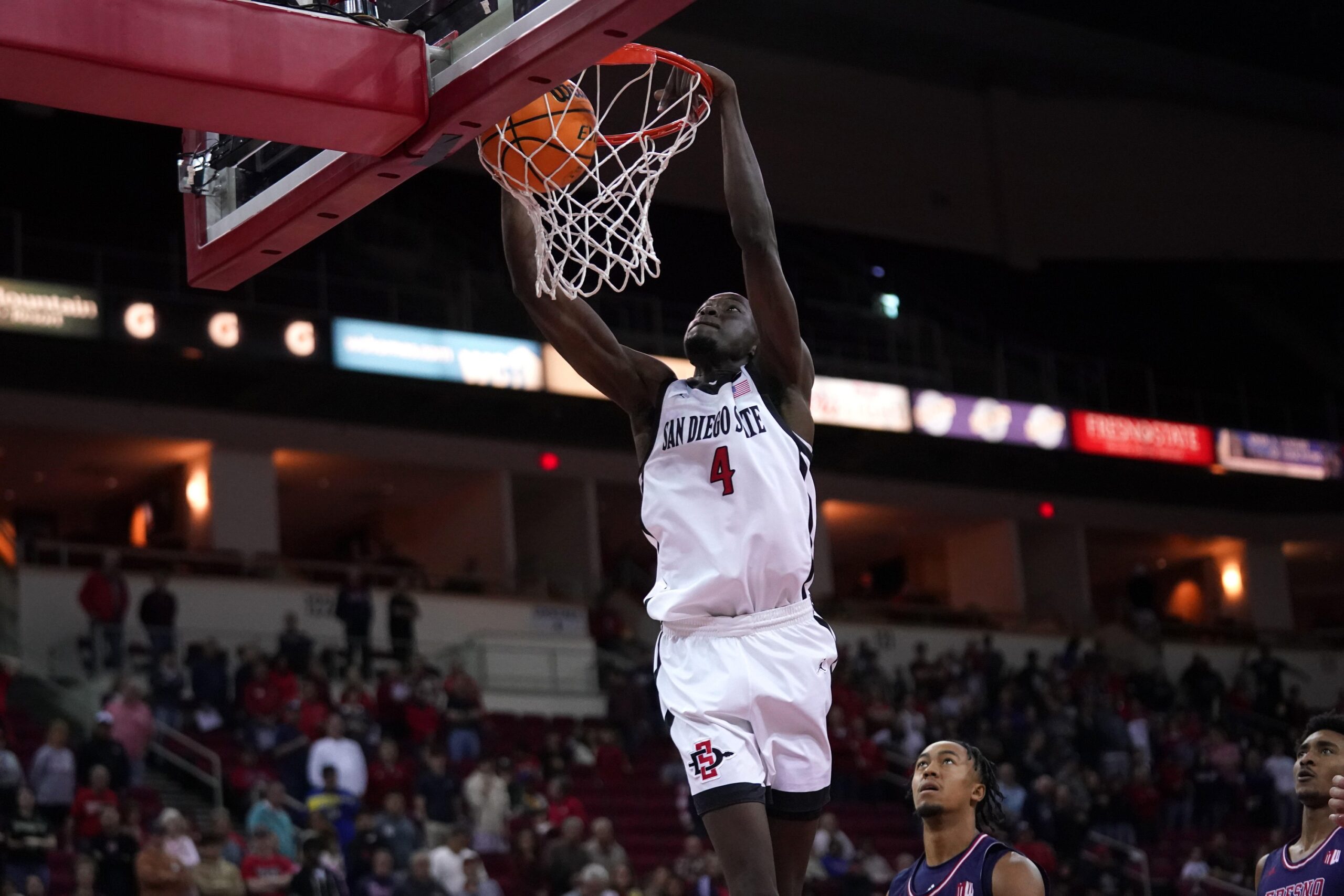 San Diego State Aztecs forward Jay Pal (4) dunks the ball against the Fresno State Bulldogs in the first half at the Save Mart Center. Mandatory Credit: Cary Edmondson-USA TODAY Sports