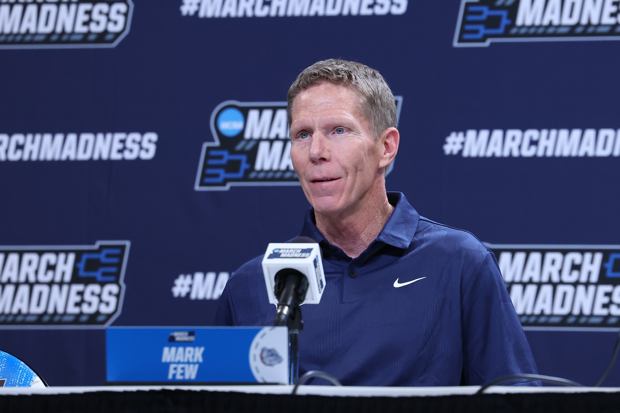 Gonzaga Bulldogs head coach Mark Few speaks to media during the NCAA first round practice session at Delta Center. Mandatory Credit: Rob Gray-USA TODAY Sports