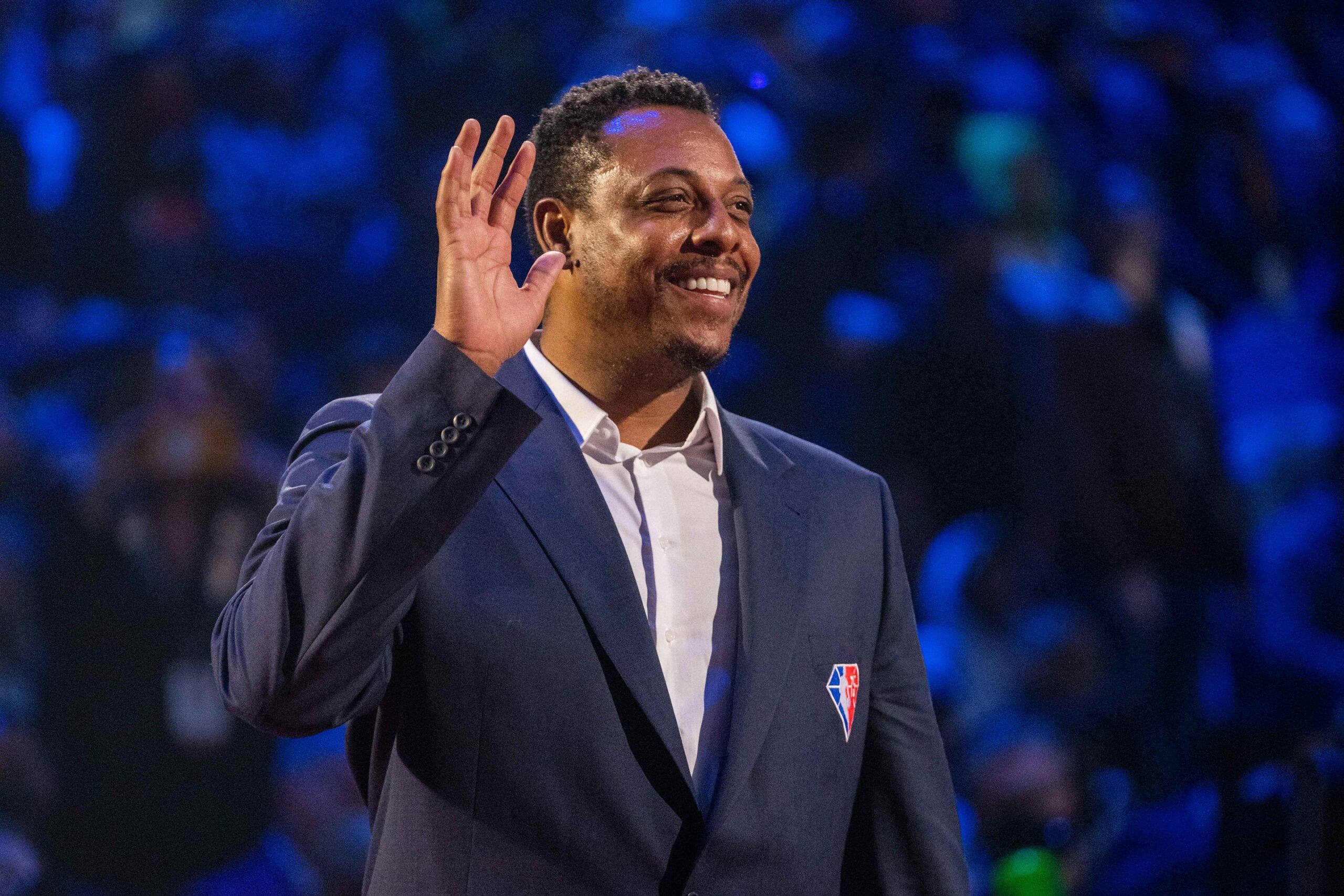 NBA great Paul Pierce is honored for being selected to the NBA 75th Anniversary Team during halftime in the 2022 NBA All-Star Game at Rocket Mortgage FieldHouse.