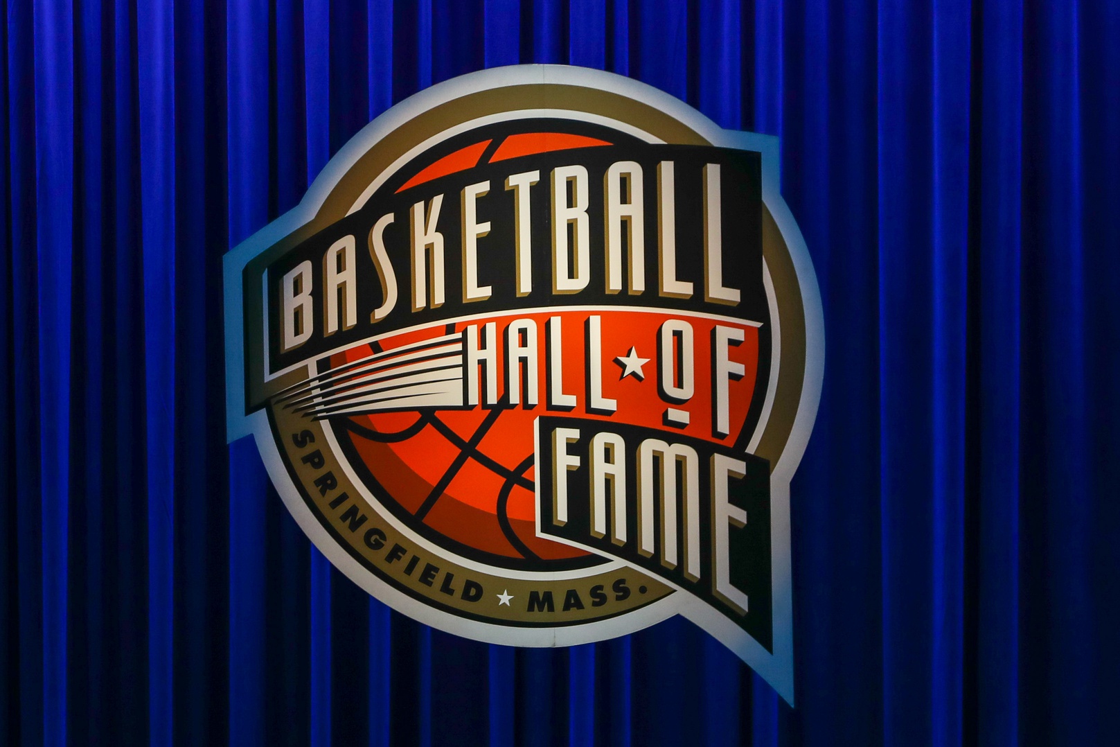 Sep 10, 2022; Springfield, MA, USA; The official logo at the 2022 Basketball Hall of Fame at Symphony Hall. Mandatory Credit: Wendell Cruz-USA TODAY Sports