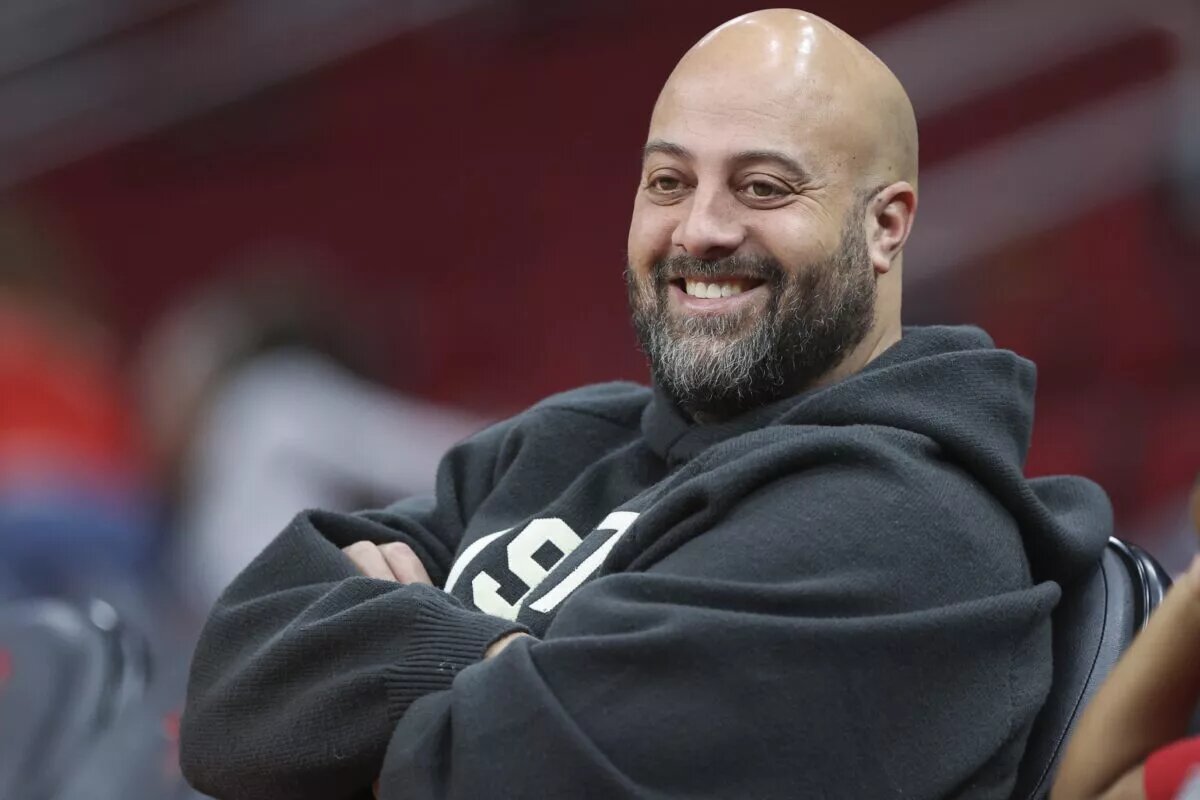 Dec 19, 2022; Houston, Texas, USA; against the Houston Rockets general manager Rafael Stone smiles before the game against the San Antonio Spurs at Toyota Center. Mandatory Credit: Troy Taormina-USA TODAY Sports
