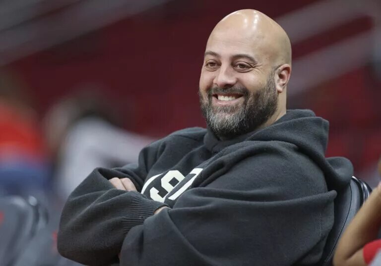Dec 19, 2022; Houston, Texas, USA; against the Houston Rockets general manager Rafael Stone smiles before the game against the San Antonio Spurs at Toyota Center. Mandatory Credit: Troy Taormina-USA TODAY Sports
