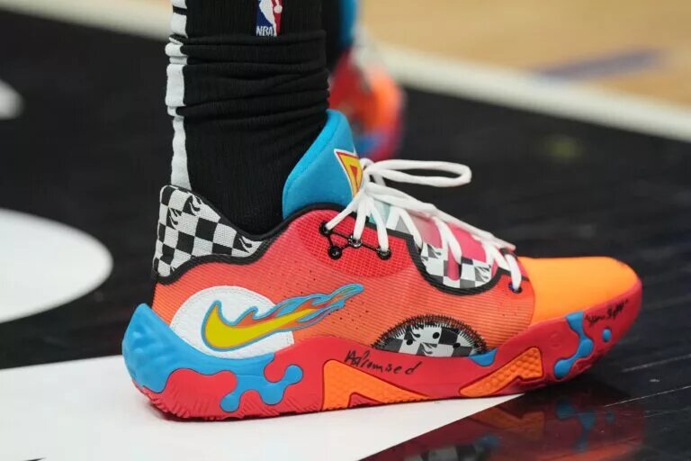 Feb 24, 2023; Los Angeles, California, USA; The Nike shoes worn by LA Clippers forward Marcus Morris Sr. against the Sacramento Kings in the first half at Crypto.com Arena. Mandatory Credit: Kirby Lee-USA TODAY Sports