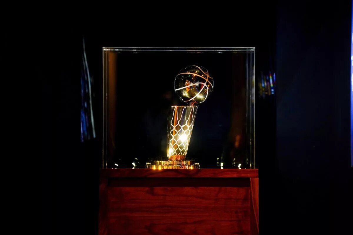 Oct 30, 2023; Denver, Colorado, USA; General view of the Denver Nuggets 2023 Larry O'Brien championship trophy before the game against the Utah Jazz at Ball Arena. Mandatory Credit: Ron Chenoy-USA TODAY Sports