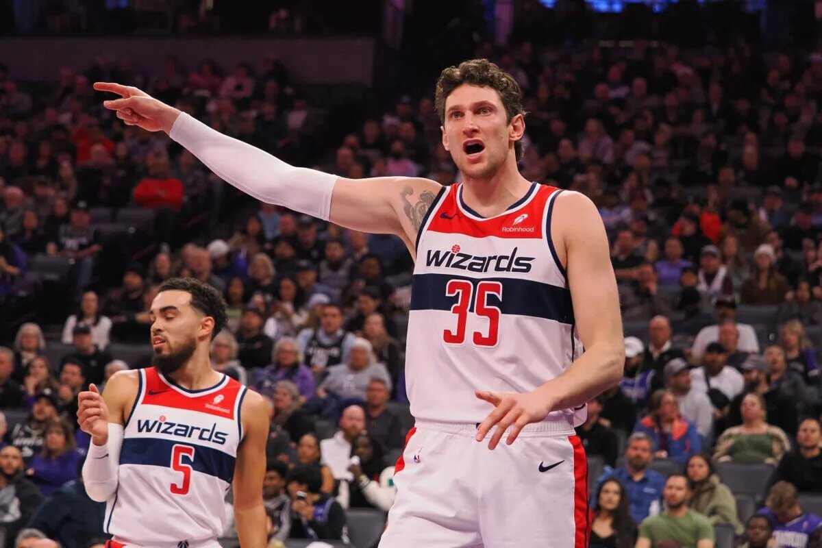 Dec 18, 2023; Sacramento, California, USA; Washington Wizards forward/center Mike Muscala (35) questions the call against the Sacramento Kings during the first quarter at Golden 1 Center. Mandatory Credit: Kelley L Cox-USA TODAY Sports